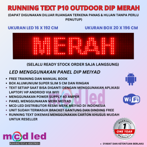 RUNNING TEXT P10 LED DIP OUTDOOR WARNA MERAH UKURAN LED 16X192 CM UKURAN BOX 20X196 CM